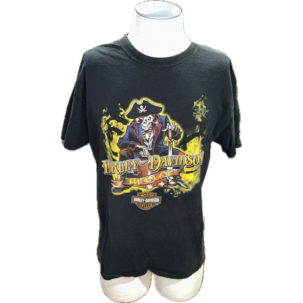 Harley Davidson Mens Black Pirate Belize T Shirt Large Blackbeards Revenge L